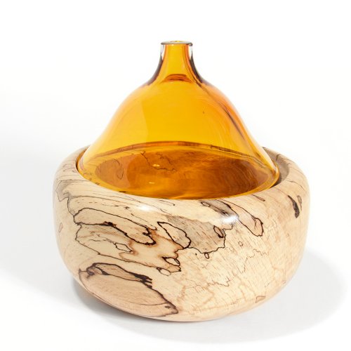 Image of Amber Glass & Wooden Vessel