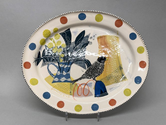 Image of Large Oval Plate 'Still Life with Bird'