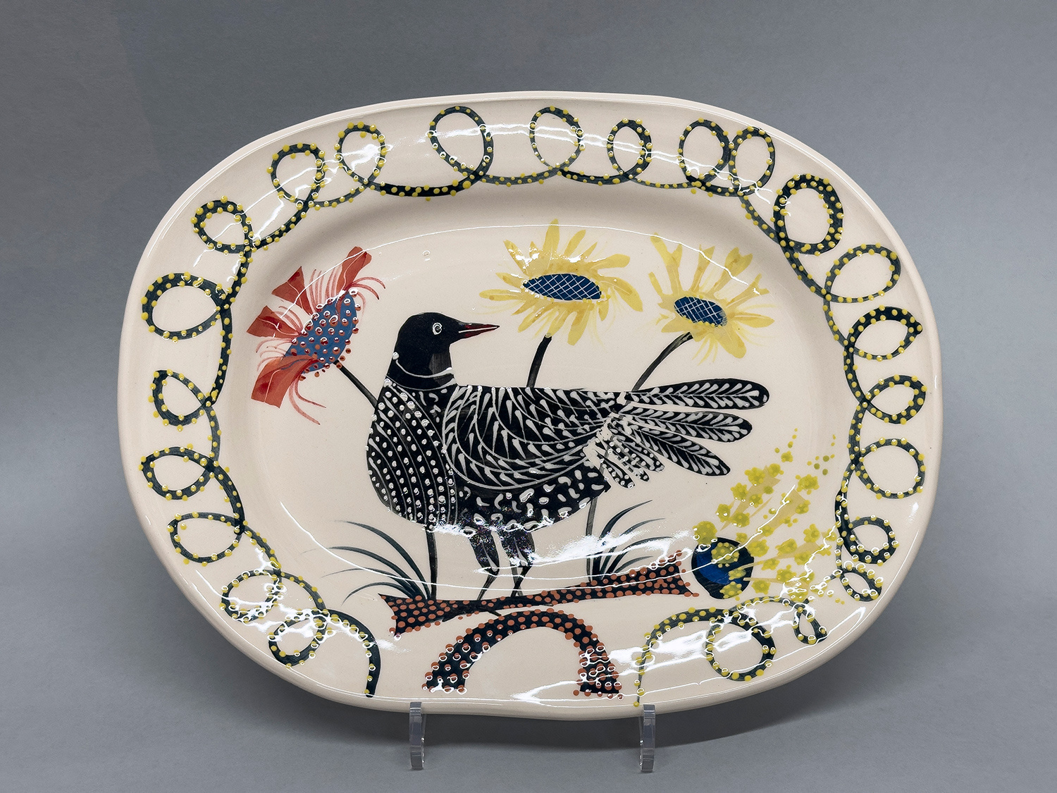 Medium Plate 'Bird with Flowers' by Irena Sibrijns