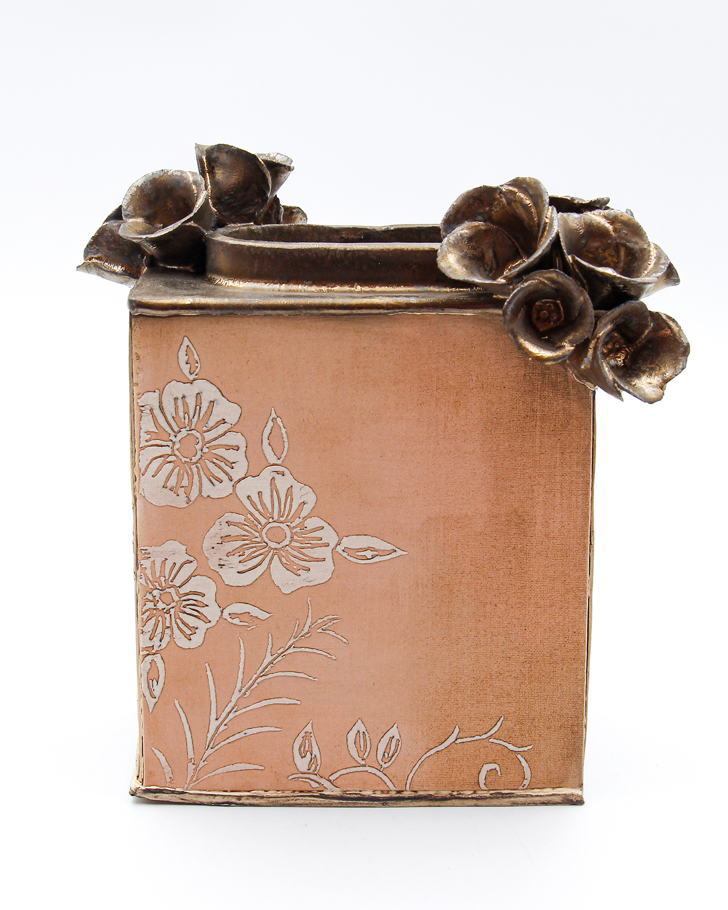 Pink Flower Brick with bronze flowers by Sarah Dunstan
