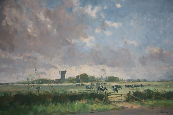 Broadland lanscape with mill, cattle and sails by Stanley Orchart