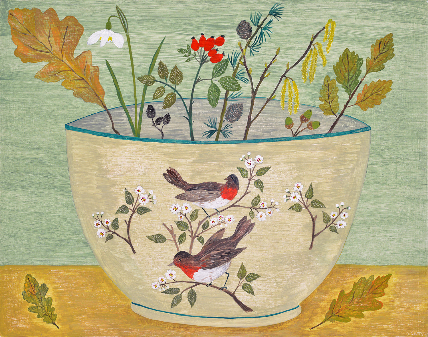 Bird Bowl with Oak Leaves by Debbie George