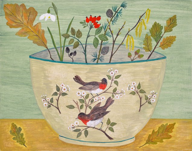 Bird Bowl with Oak Leaves