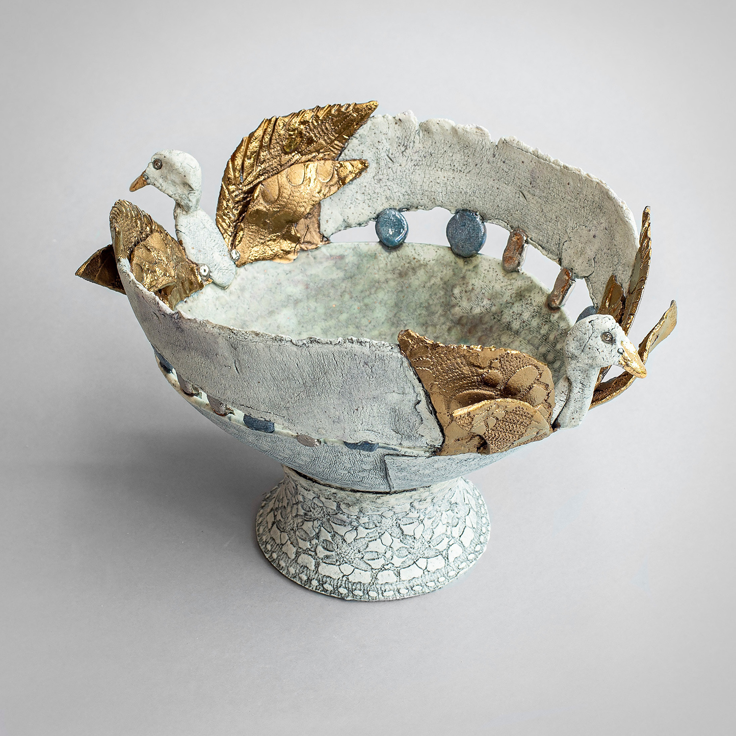 White Bowl with Golden Birds by Pam Schomberg
