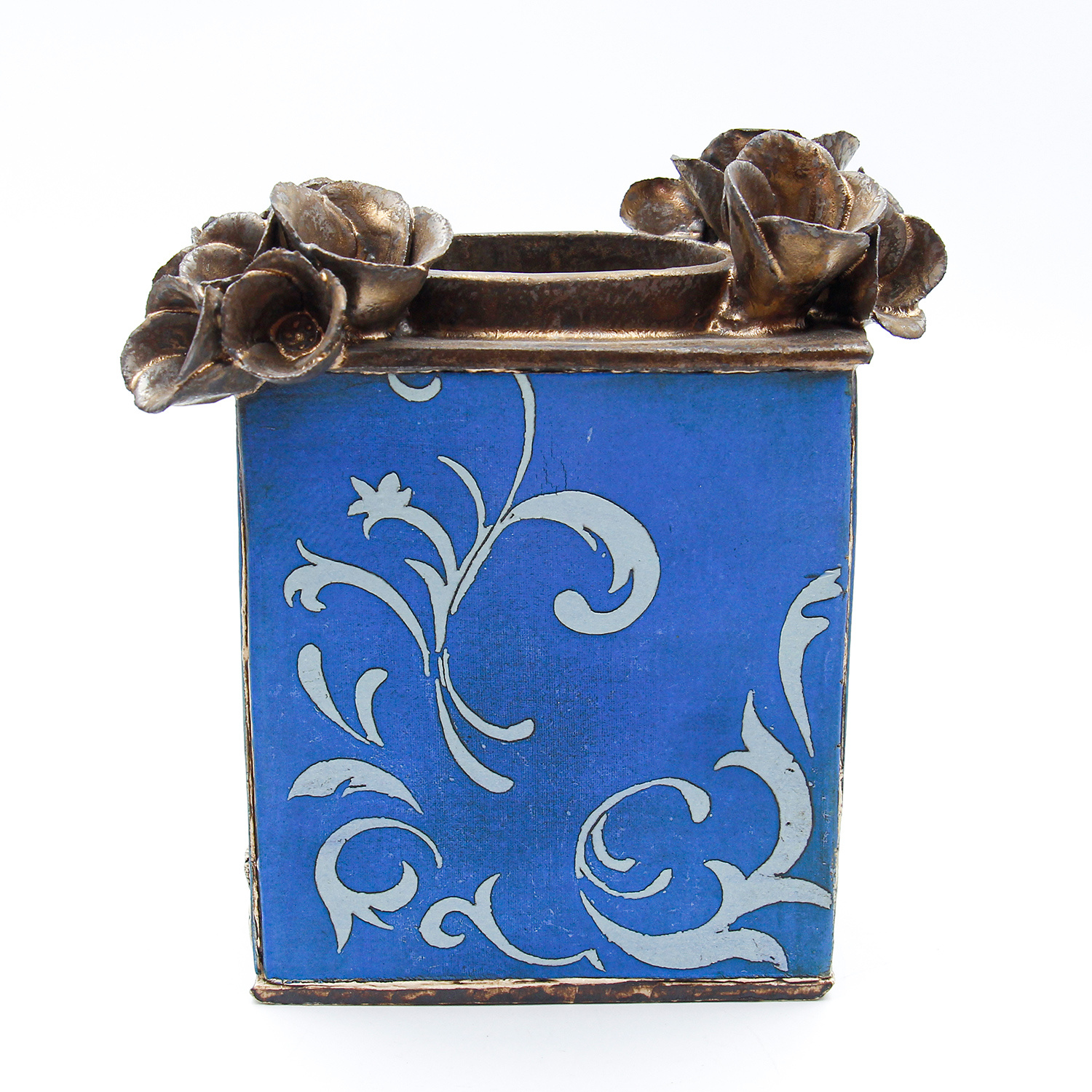 Electric Blue Flower Brick with bronze flowers by Sarah Dunstan