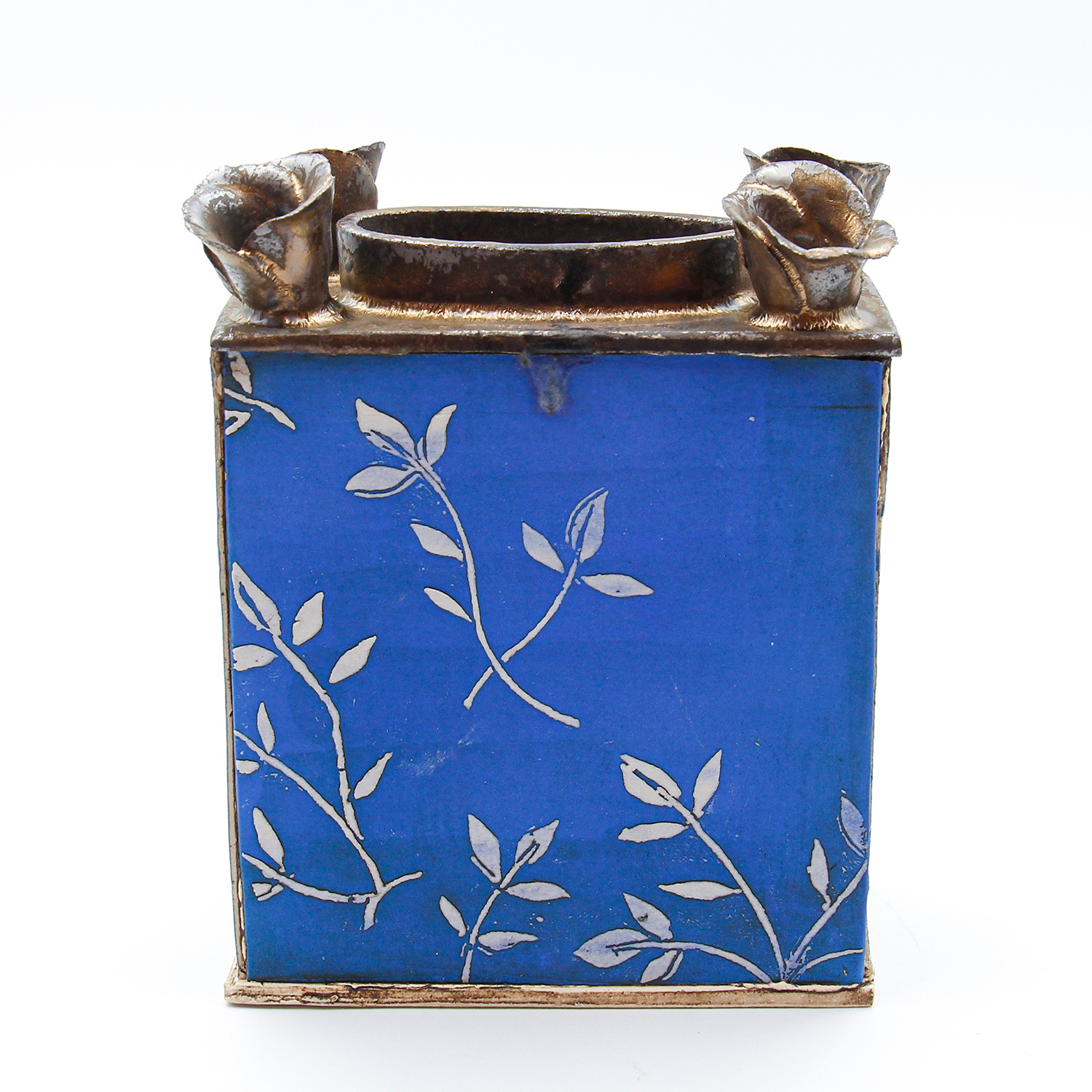 Electric Blue Flower Brick with bronze flowers by Sarah Dunstan